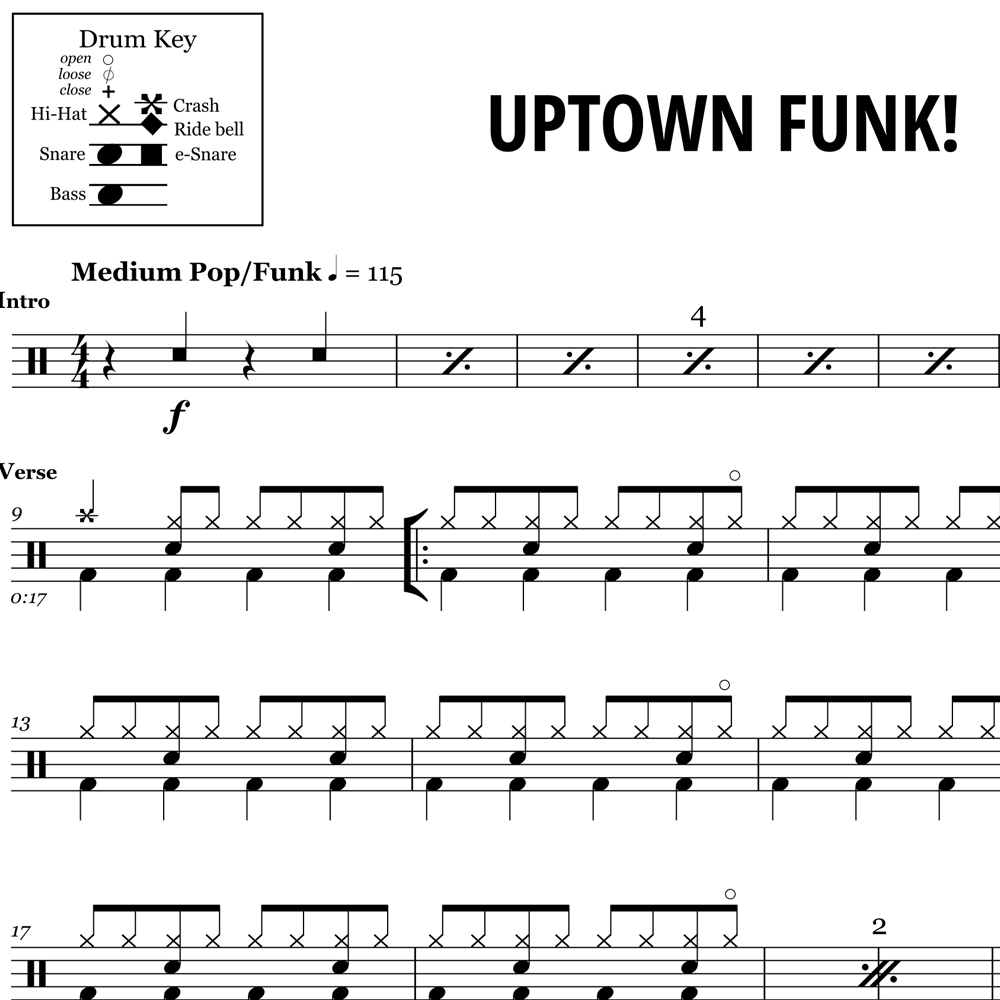 Uptown Funk Mark Ronson Ft Bruno Mars Drum Sheet Music Onlinedrummer Com