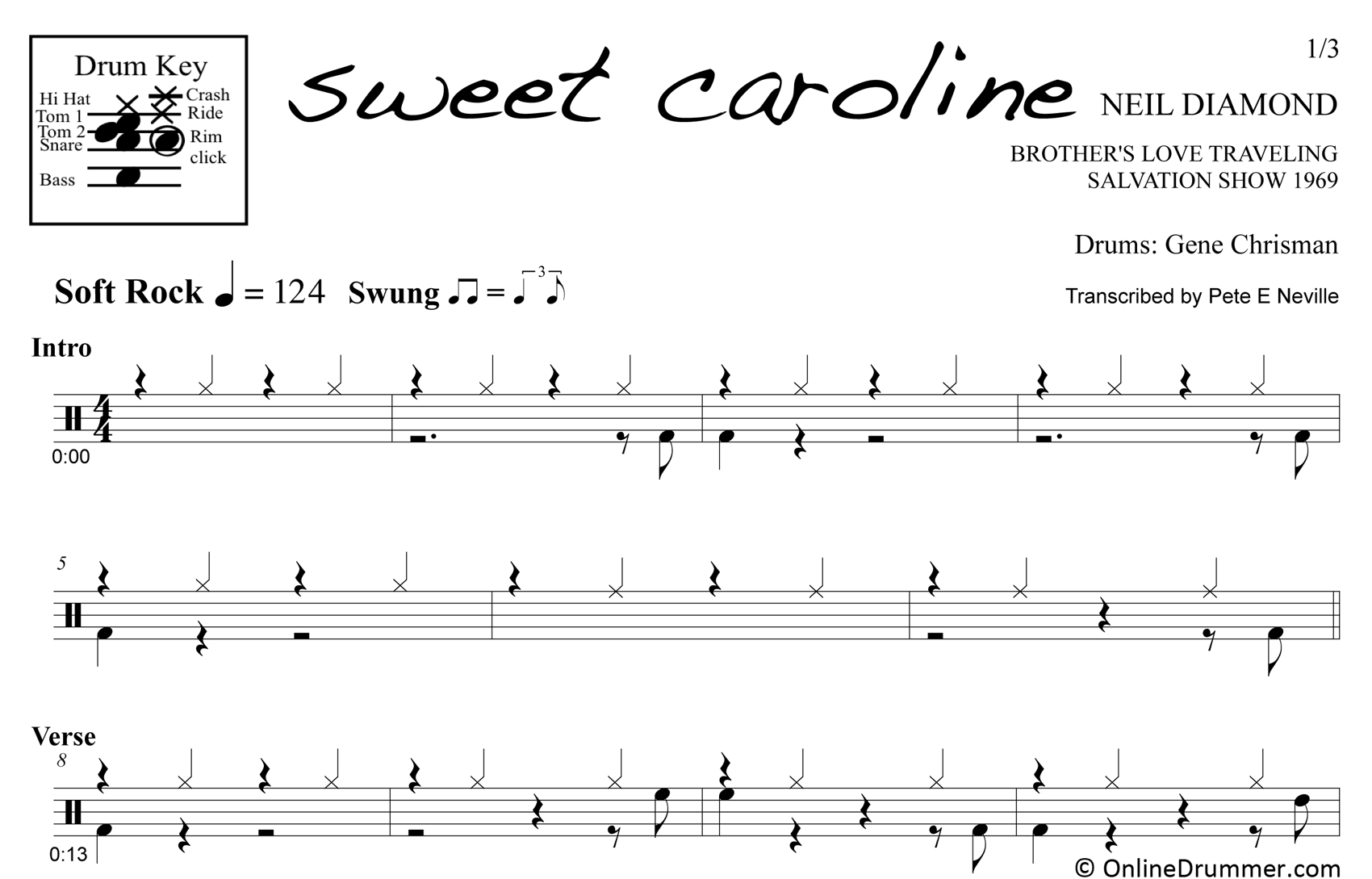 Sweet Caroline - Neil Diamond - Drum Sheet Music | OnlineDrummer.com