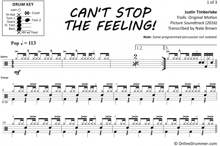 Can't Stop The Feeling Justin Timberlake Drum Sheet Music