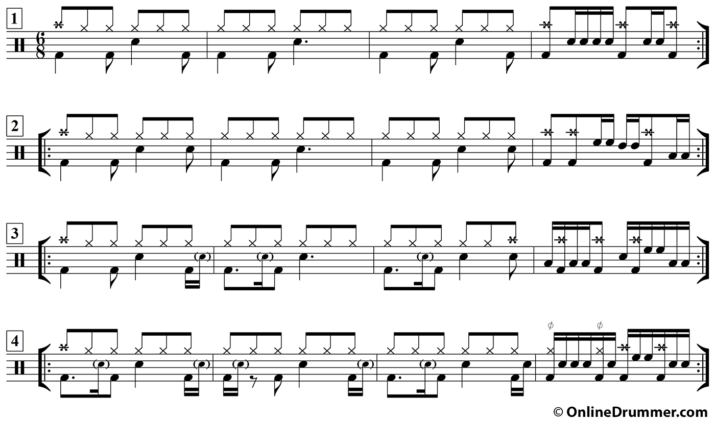 Drum notation for the "Have a 6/8 Weekend" drum lesson.