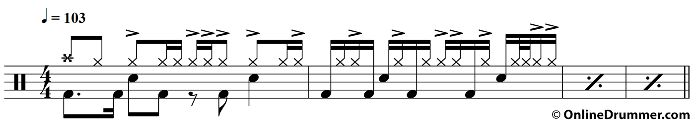 Drum notation for the "A Bit of Linear Funk - Problem Live" drum lesson.