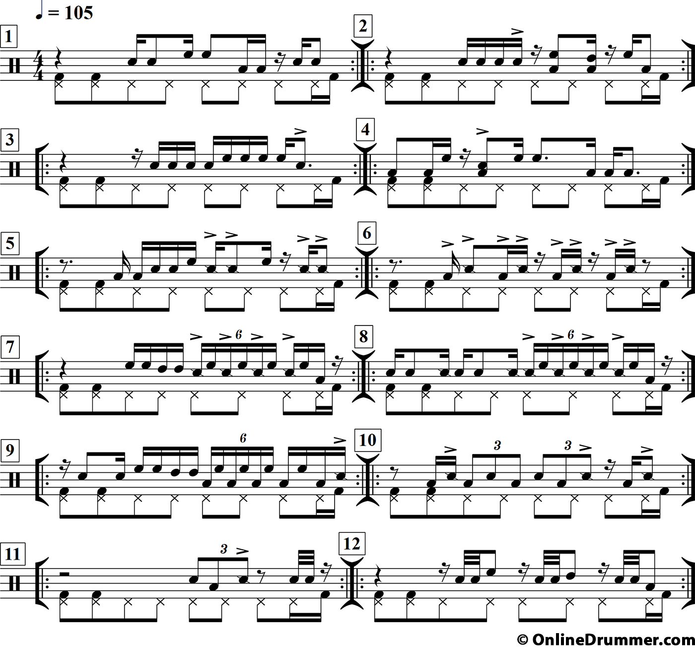 Drum notation from the "Foot Refrain Drum Fills & Solo Concept" drum lesson.