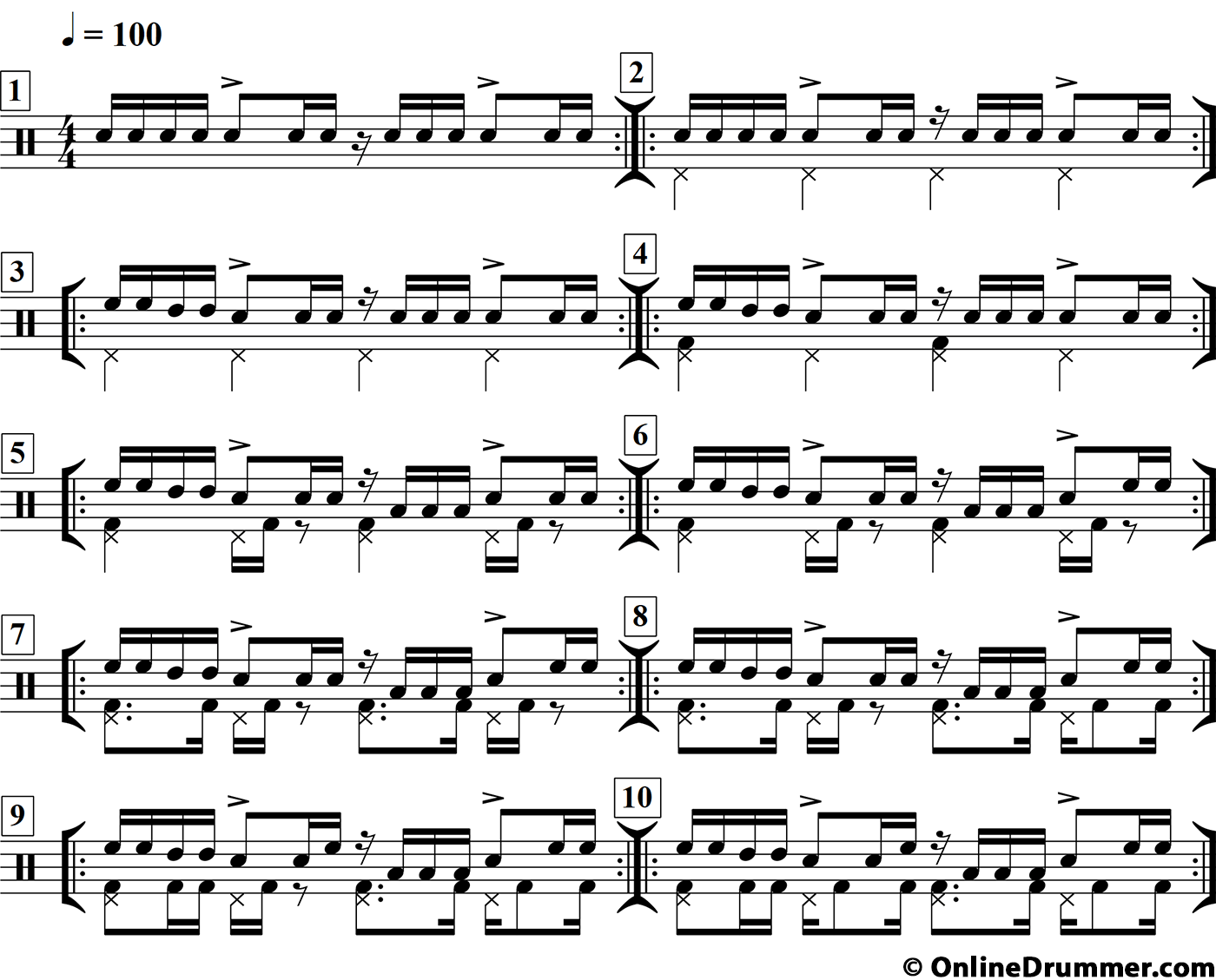 Drum notation for the "Rhythm Builder: How Far Can You Go?" drum lesson.