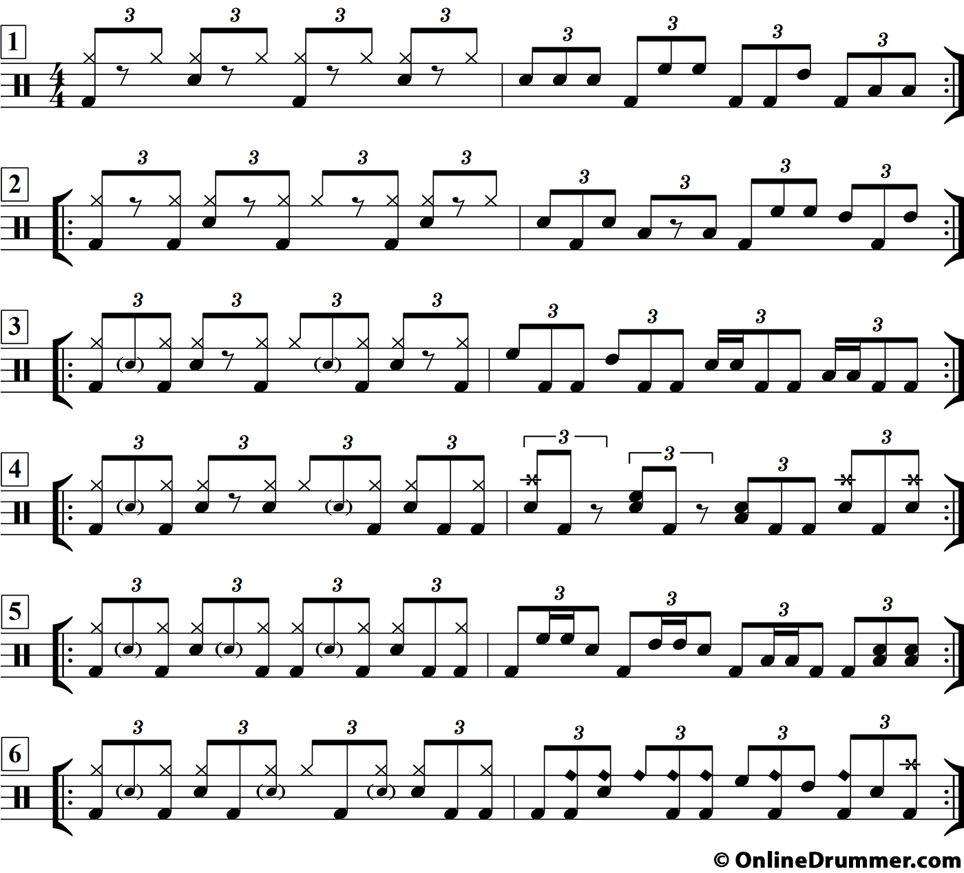 Drum notation for the "Six Choice Shuffle Drum Beats & Fills" drum lesson.