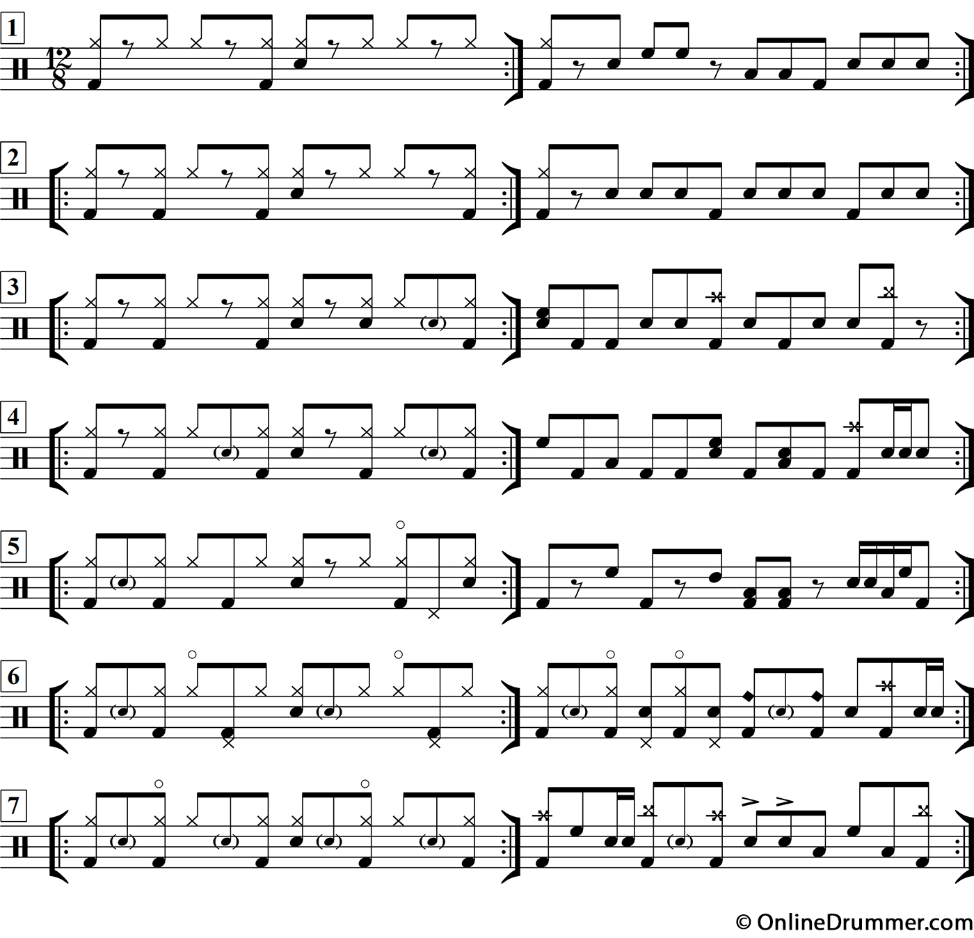 Drum notation for the "Seven Half-Time Shuffle Beats & Fills" drum lesson.