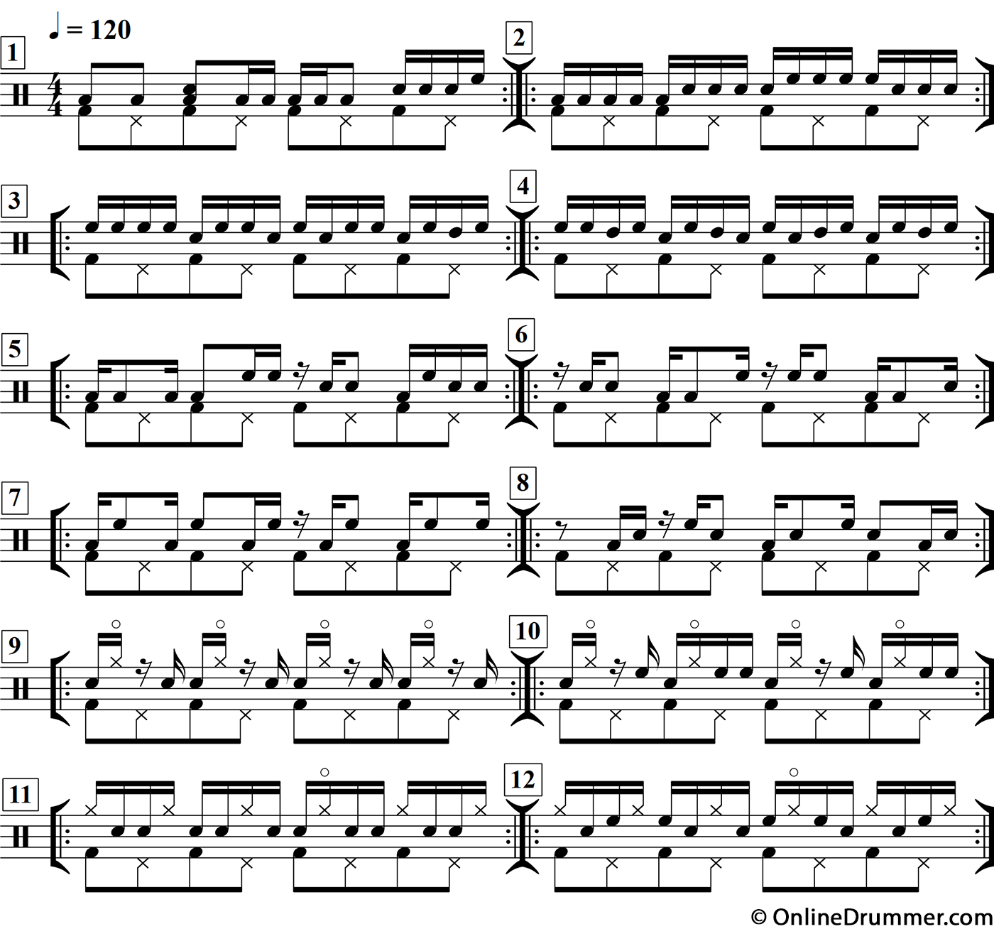 Drum notation for the "Twelve "Walking" Beats & Fills" drum lesson.