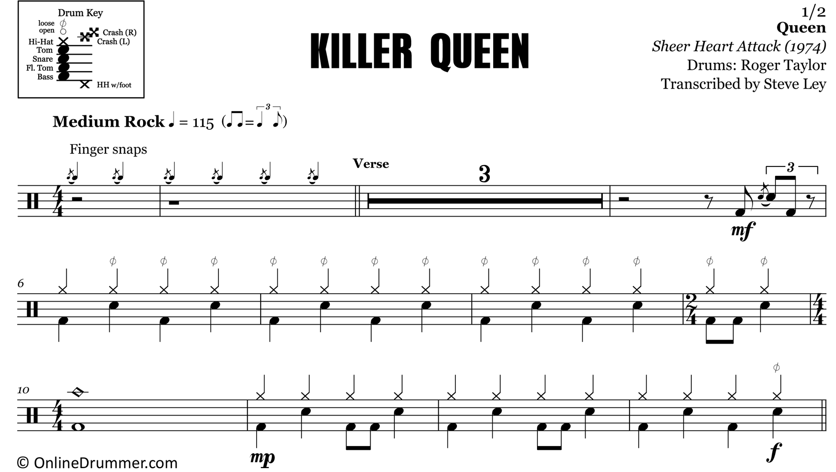 Killer Queen Queen Drum Sheet Music