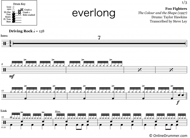 Everlong - Foo Fighters - Drum Sheet Music | OnlineDrummer.com