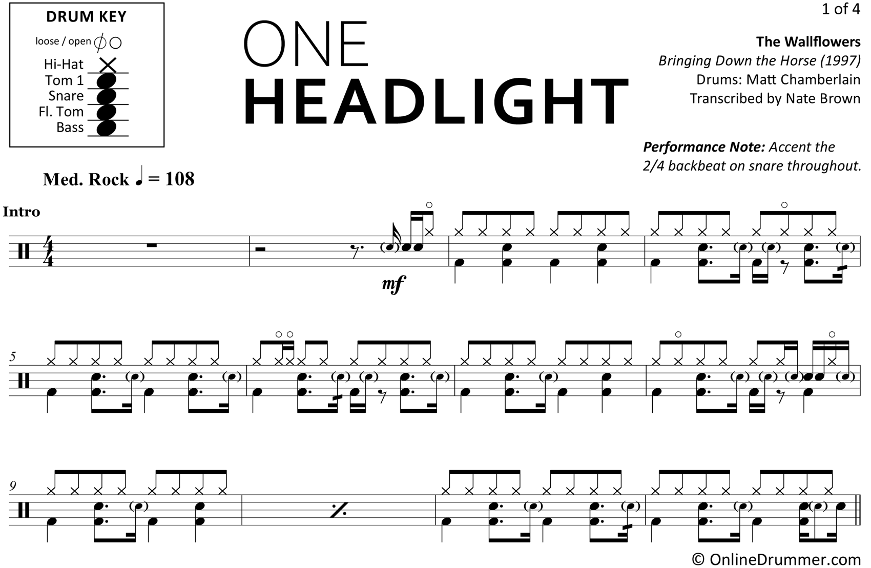 One Headlight The Wallflowers Drum Sheet Music