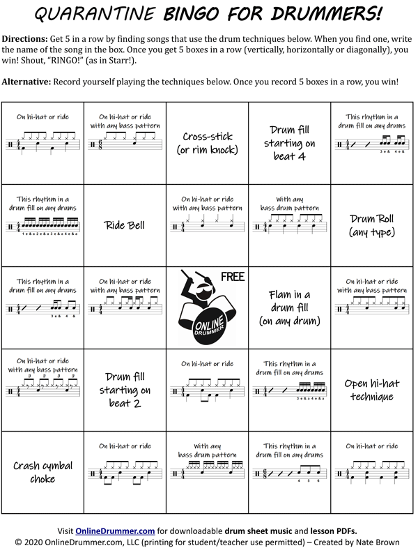 Quarantine BINGO for Drummers - Printable Worksheet for Drum Students